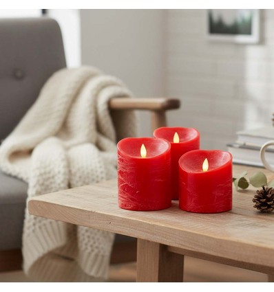 LED Stompkaarsen Ø10cm, 3 stuks, bewegende vlam, rood - Incl. afstandsbediening en timer, 10/12,5/15cm hoog, echte was