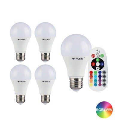 5 stuks RGBW LED lamp - 6W, Met RF afstandsbediening, E27