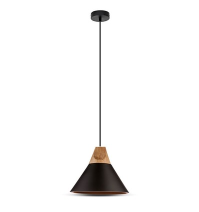 Ø26cm hanglamp van aluminium met houten top - E27 fitting, max 60W, zwart, zonder lichtbron