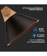 Ø26cm hanglamp van aluminium met houten top - E27 fitting, max 60W, zwart, zonder lichtbron