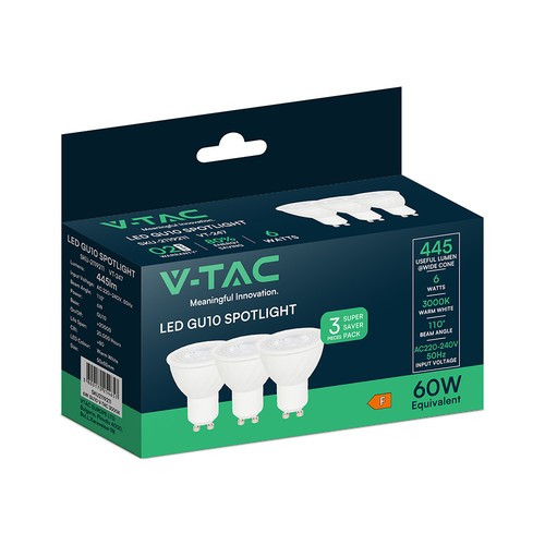 VT-247 spotlicht 6W GU10 - kunststof, 3000K, 110°, 3 stuks per verpakking