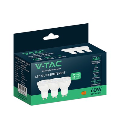 3 stuks V-Tac 6W GU10 LED lampen - 445lm, 110 graden, 4000K
