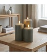 Set van 3 stuks LED-stompkaarsen, groen - Ø7,5cm, 10/12,5/15cm hoog, werkt m. afstandsbediening, timer, echte was