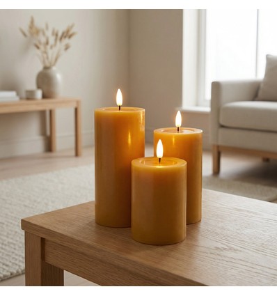 Set van 3 stuks LED-stompkaarsen, bruin - Ø7,5cm, 10/12,5/15cm hoog, werkt met afstandsbediening, timer, echte was