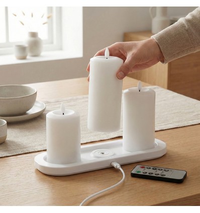 3-pack witte LED stompkaarsen, vlam effect - Ø2,2cm, Hoogte: 24,5cm, kroonkaarsen, incl. afstandsbediening, timer