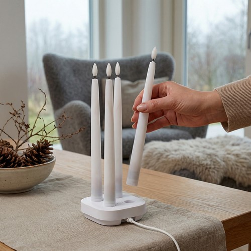 Set van 4 witte LED-kaarsen incl. oplaadstation - Ø2cm, Hoogte: 25cm, dinerkaarsen, incl. afstandsbediening, timer