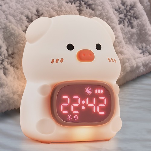 MOCHI Grijze nachtlamp met klok van zachte siliconen - oplaadbaar, kleurwissel + warm wit