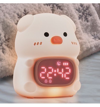 MOCHI Grijze nachtlamp met klok van zachte siliconen - oplaadbaar, kleurwissel + warm wit
