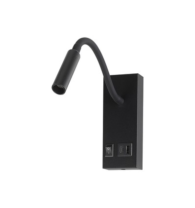3W LED bedlamp met USB-A en USB-C oplaadpoort - CREE chip, zwart, incl. lichtbron