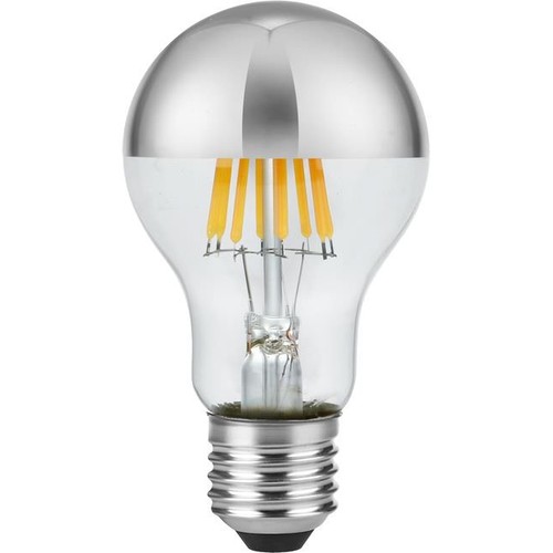 E27 6,5W dimbare LED kogelamp - Kopspiegel zilver, A60, filament, 2500K, zilveren afwerking