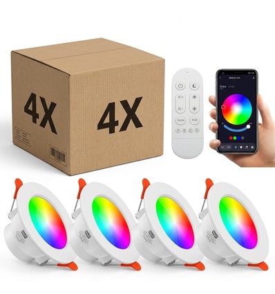 4 st. RGB+CCT Smart Home downlight - 5W LED, Bluetooth, afstandsbediening