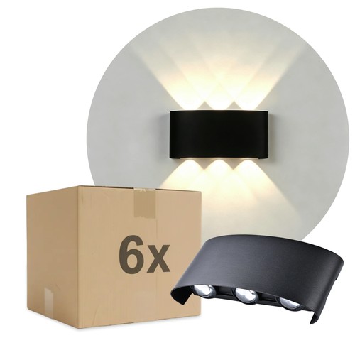 6 st. 6W CURVE wandlamp - IP65, zwart, up/down, buiten, incl. lichtbron