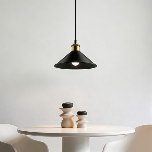 Zwarte Ø22cm hanglamp - E27 fitting, 2m snoer, zwart/messing