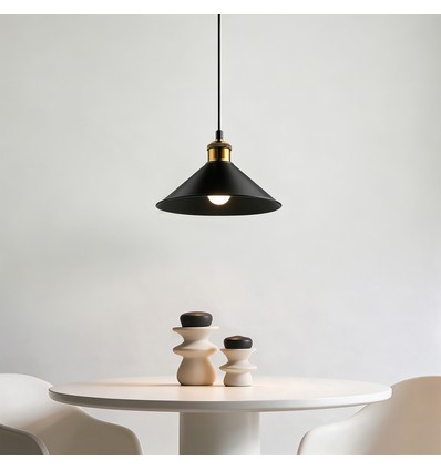 Zwarte Ø22cm hanglamp - E27 fitting, 2m snoer, zwart/messing