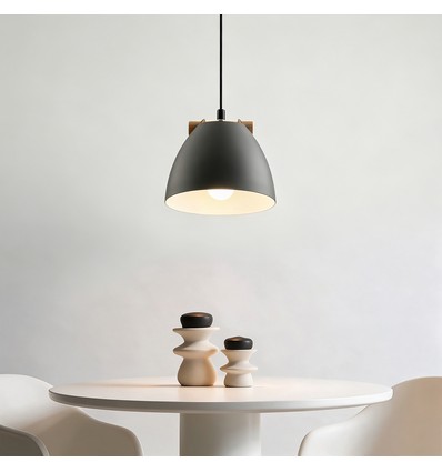 Grijze Ø16cm hanglamp - E27 fitting, 2m snoer, metaal / hout