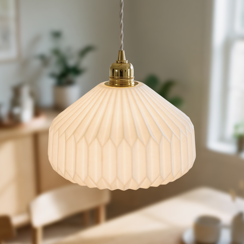 Keramische E27 hanglamp - Geplooid, wit/messing, 2m snoer, Ø27x23cm, zonder lichtbron