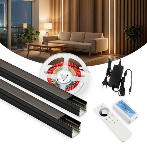240cm LED Akoestisch Paneel Set, zwart - 2 stuks CCT LED strips (240cm) met 78W voeding - WiFi of RF