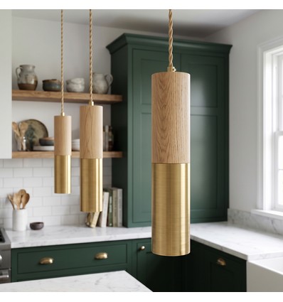 MALM E14 cilinder hanglamp goud/hout - 2m snoer, met rozet, zonder lichtbron
