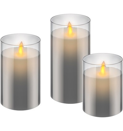 3-pack grijze LED waskaarsen in glas - Batterij, timerfunctie