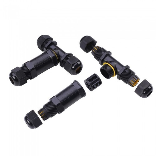 Ronde T-verdeeldoos - IP68 waterdicht, zwart, voor het verbinden van kabels