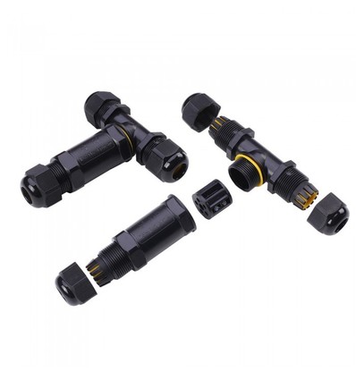 Ronde T-verdeeldoos - IP68 waterdicht, zwart, voor het verbinden van kabels