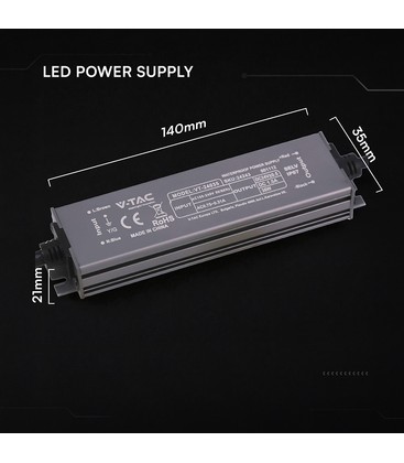 Afmetingen van een compacte 36W waterdichte IP67 voeding voor LED-strip installaties.