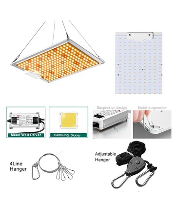 Overzicht van de Samsung Quantum board groeilamp inclusief ophangbeugel en accessoires die onder de garantievoorwaarden vallen.