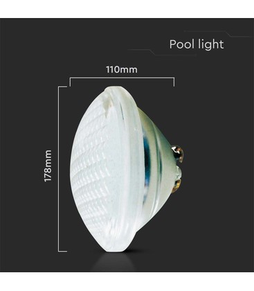 Afmetingen en specificaties van een IP68 waterdichte zwembadlamp voor permanente onderdompeling.